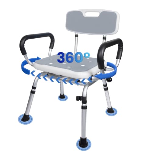 Swivel Shower Chair 500lbs Heavy Duty Adjustable Arms & Back 360° Rotating | SSlip-resistant Rubber Feet Easy-clean Tool-free Install Ergonomic Wide Seat Built-in Drainage Holes 5 Height Settings - size: Gray