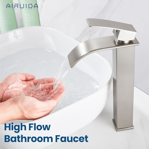 Airuida Vessel Sink Faucet,Brushed Nickel Tall Waterfall Bathroom Faucet | Single Handle,Tall Bathroom Faucet 1 Hole,Vanity Faucet,without Drain,Bowl Bathroom Faucet - color: Brushed Nickel