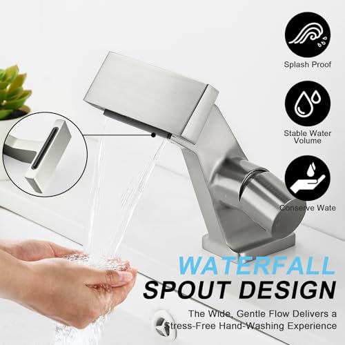 BAKALA Bathroom Sink Faucets Brushed Nickel, Waterfall Bathroom Faucet 1 Hole, Single Handle Brass Bathroom Faucet Deck Mount with 2 Supply Hoses for Basin Lavatory Vanity - color: Brushed Nickel