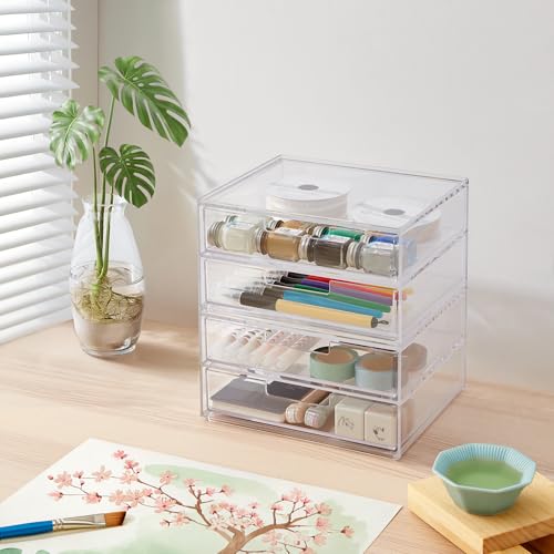 STORi Stackable Desk Drawer Organizer, Clear Pen Pencil Makeup Brush Holder for Desktops and Vanities, 4 Wide Drawers (Made in USA) - style: 7.5"W x 1.5"H Drawers (Set of 4)