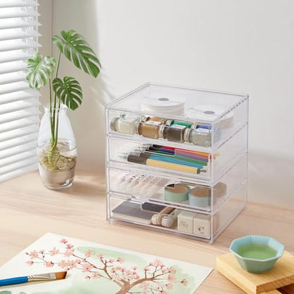 STORi Stackable Desk Drawer Organizer, Clear Pen Pencil Makeup Brush Holder for Desktops and Vanities, 4 Wide Drawers (Made in USA) - style: 7.5"W x 1.5"H Drawers (Set of 4)