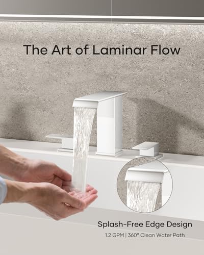 AVSIILE Waterfall Bathroom Faucet 3 Hole, Chrome 8 Inch Widespread Modern 3 Piece Touch On Lavatory Sink Faucets for Vanity RV Restroom, Straight Spout - color: Chrome, style: Straight Spout