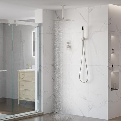 WELLFOR 12-In Ceiling Mount Shower System with Single Handle, Pressure-balanced Valve Included, Waterfall Dual Head Shower Head System, Rain Shower System, Shower Faucet Trim Kits, Brushed Nickel - color: Brushed Nickel, style: Ceiling Mount 12-Inch