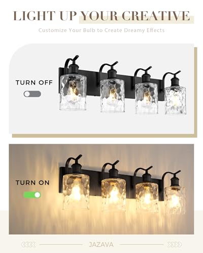 Bathroom Vanity Light Fixtures 4-Light Hammered Glass Modern Wall Mounted Over Mirror Black - VL01BKH-4 - color: Black & Hammered Glass, size: 4 LIGHT