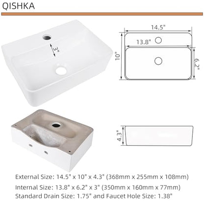Wall Hung Bathroom Vessel Sink, QISHKA 14.5" X 10" Rectangular Floating Ceramic Wash Hand Basin White Wall Mount Vanity Sink for Small Bathroom and Small Cloakroom - size: 14.5" x 10" x 4.3"