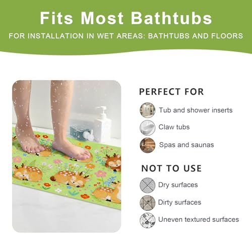 Baby Bath Mat for Tub Non Slip Kids, BPA Free Extra Long Bathtub Mat 40x16 with Drain Holes and 200 Suction Cups, Non Toxic Machine Washable Toddler Bath Mat, Eco-Friendly Certified - color: Green Deer
