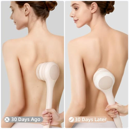 Electric Body Brush, Back Scrubber for Shower with Long Dual Handle, Waterproof Power Shower Brush with 3 Interchangeable Heads & 2 Speeds for Cleansing, Exfoliating and Massage, Nude Pink - color: Nude Pink