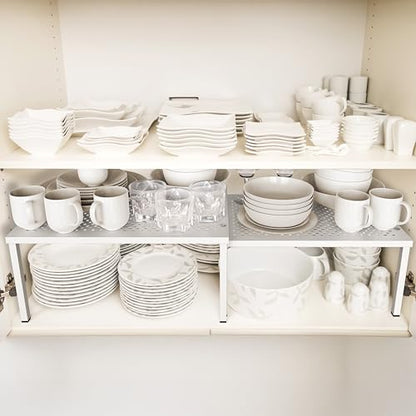 Simple Houseware Expandable Stackable Kitchen Counter Shelf Organizer, White, Metal Top, 11.25"L x 7.9"W x 5.4"H | Expandable & Stackable 9" D x 12.75" W x 5.9" H - color: White