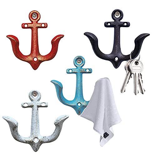 Notakia Vintage Rustic Cast Iron Nautical Anchor Design Wall Hooks Coat Hooks Rack, Decorative Wall Mounted Antique Shabby Chic Metal Towel Coat Hooks Hanger,Screws Included (4 PCS) - color: Mixed Color 4Pcs