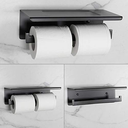 Matte Black Toilet Paper Holder - Toilet Paper Double Roll Holder with Shelf Wall Mounted for Bathroom, Stainless Steel - color: Black