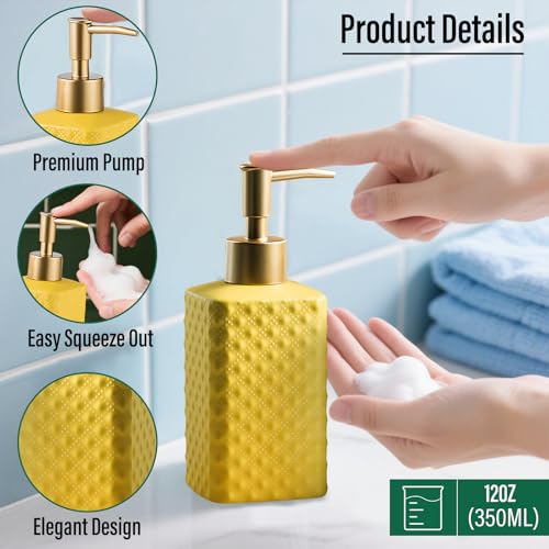 Jessie Bathroom Accessories Set, 3 or 4-Piece Ceramic Bathroom Accessory Set,Soap Dispenser,Toothbrush Holders Set,Tumbler,Soap Dish Embossed Matte Bathroom for Modern Bathrooms (Yellow 3-Piece Suit) - size: Yellow-3 Piece