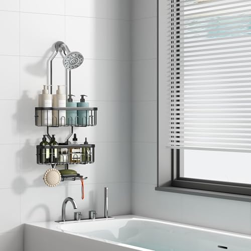 CICUFY Shower Caddy Hanging, Rustproof Bathroom Shower Organizer Hanging, No Drilling Over the Shower Head Caddy with Hooks for Razor, Shower Shampoo Holder with Soap Basket, Black