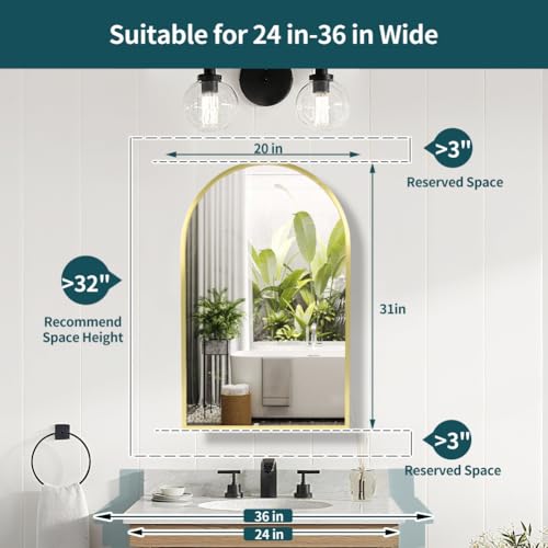 Movo Arched Gold Medicine Cabinet with Mirror 20 x31 Inch | Metal Framed Bathroom Mirror Medicine Cabinet Wall Mounted,Recessed Medicine Cabinets for Bathroom with 2 Removable Shelves - size: 20"W x 31"H x 5"D-Gold
