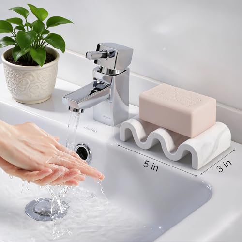 Diatomite Soap Dish Bar Soap Holder Wave Texture Sponge Tray, Marble White | Quick Drying, Self Draining Design Helps Keep Bar Soap Dry for Bathroom Sink, Shower & Kitchen - color: Marble White
