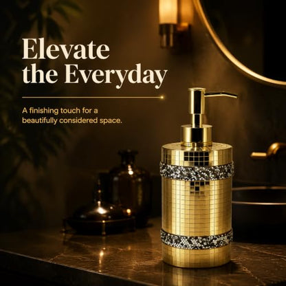 Gold Mosaic soap Dispenser, Shining Glass，Bathroom Reusable 12oz | Gold soap dispenser mosaic decorative , sparkling glass, kitchen and bathroom, artistic home decoration, countertop use - size: Soap Dispenser