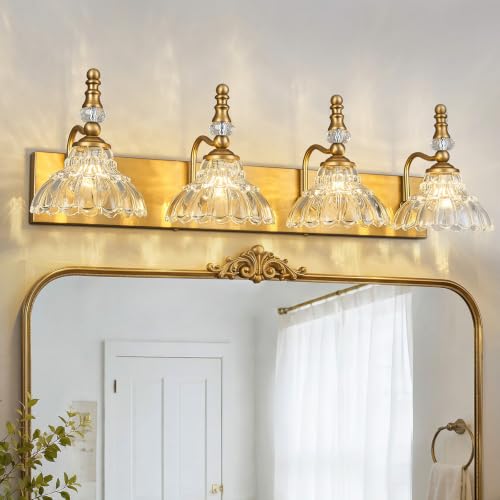 Vintage Bathroom Vanity Light, 4-Light Brass Vanity Lighting Fixture with Flower Glass Shade, Bathroom Lighting Fixtures Over Mirror - color: B-Brass, size: 4-light