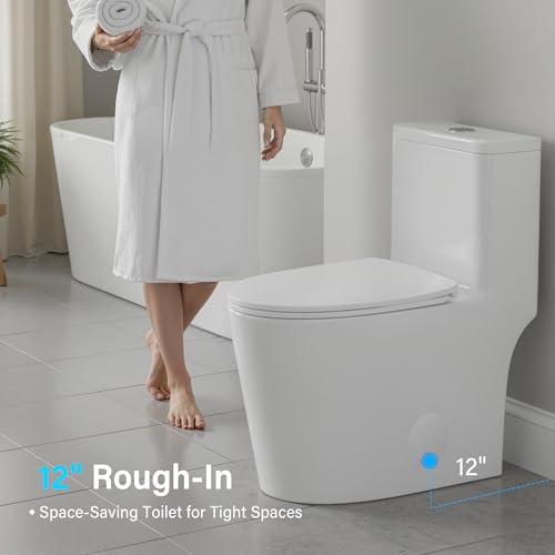HEATGENE One Piece Toilet with Soft Close Seat, Dual Flush (0.9/1.3GPF) High-Efficiency Modern Bathroom Toilet Bowl with 17.13" Comfortable Seat Height, 12" Rough-In, White, HG-6636