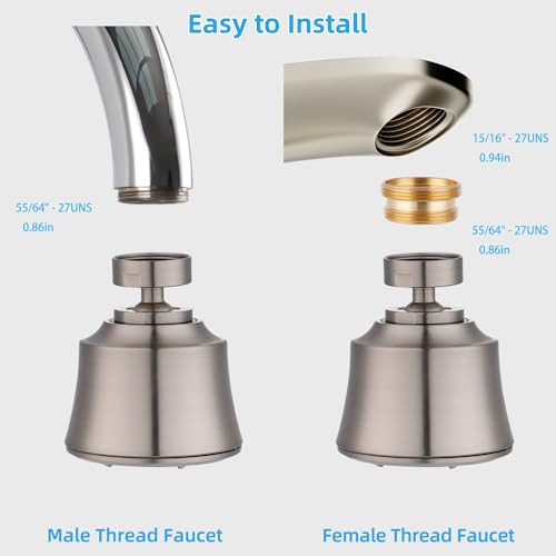 Kitchen Sink Faucet Head 4-Mode, 360° Swivel Faucet Aerator, Brushed Nickel | 55/64" Female Faucet Sprayer Head for Bathroom & Kitchen, Big Angle Rotating Metal Ball Joint, Extra 15/16" Metal Adapter - color: Brushed Nickel, style: 1 Swivel Joint