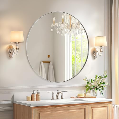 ANDY STAR Round Bathroom Mirror, 24’’ Brushed Silver Round Bathroom Mirrors in Stainless Steel Metal Frame 1" Deep Set Design | Rust-Proof Stainless Steel Thin Frame, Shatterproof HD Glass, 9mm MDF Backboard, Ideal for Living Room, Bedroom, Entryway - col