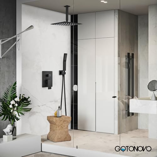 gotonovo Ceiling Shower System with Handheld Matte Black,12 inch Head | Ceiling Mount Bathroom Shower Faucet Set,SUS304 Rainfall Head and Handle Set Combo,Brass Valve Trim Kit,All Metal - color: Black, size: 12 inch Head