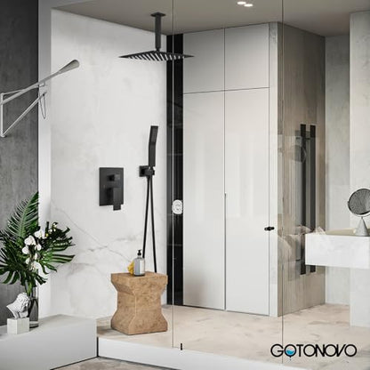 gotonovo Ceiling Shower System with Handheld Matte Black,12 inch Head | Ceiling Mount Bathroom Shower Faucet Set,SUS304 Rainfall Head and Handle Set Combo,Brass Valve Trim Kit,All Metal - color: Black, size: 12 inch Head