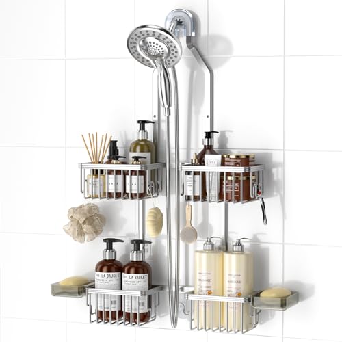 Adjustable Aluminum Shower Caddy Hanging for Handheld Showerhead, Silver | Rustproof Aluminum, Shower Organizer, Anti-Slip, Quick-Drain Shelf, 40lbs Capacity, Suction Cups, 8 Hooks, Razor Soap Holders - color: Silver