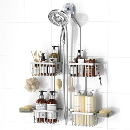 Adjustable Aluminum Shower Caddy Hanging for Handheld Showerhead, Silver | Rustproof Aluminum, Shower Organizer, Anti-Slip, Quick-Drain Shelf, 40lbs Capacity, Suction Cups, 8 Hooks, Razor Soap Holders - color: Silver