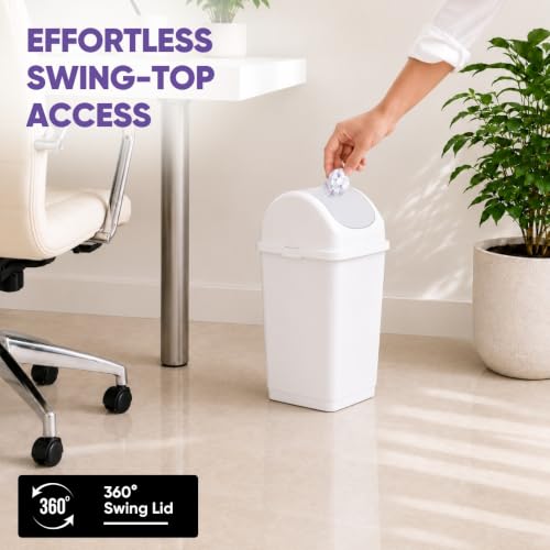 Superio Small 2.5 Gallon Plastic Trash Can with Swing Top Lid, Compact Slim Waste Bin for Under Desk, Office, Bedroom, Bathroom, Dorm Room, 10 Qt. Portable Garbage Can (White) - size: 2.5 Gallon, style: 1 Pack