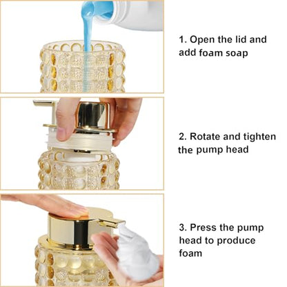 Foaming Soap Dispenser, Amber Glass Foam Soap Dispenser with Gold Pump, 12 Oz Refillable Bathroom Lotion Container Pump Bottle for Bathroom Kitchen Countertop - color: Amber