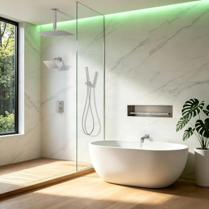 Rain Shower System with Rough-in Valve, Ceiling Mount Shower Faucet Set with 12"&6" Dual Rain Shower Heads, 2-in-1 Handheld Shower, Tub Spout, 4-Function Complete Shower Fixture,Brushed Nickel - color: Brushed Nickel, size: Ceiling Mount-12"+6" head with