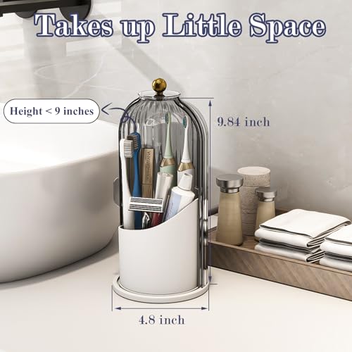 Toothbrush and Toothpaste Holders with Cover, Grey White | Waterproof and Dustproof, 360° Rotating Base, Smooth Sliding Door, 3 Slots, for Bathroom Countertop - color: Grey White