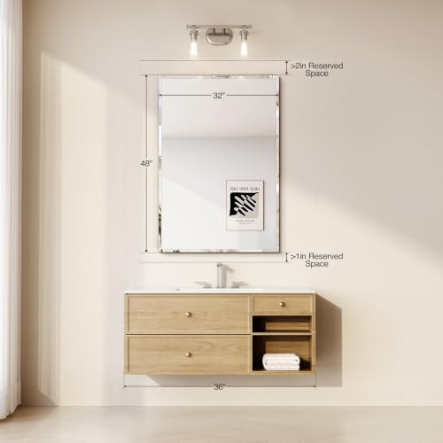 Frameless Bathroom Mirror 32"x48", Beveled Bathroom Mirror | 4mm Tempered Glass Shatterproof Wall Mount Mirrors for Bathroom Vanity Bedroom Entryway, Hangs Horizontally or Vertically - size: 48"L x 32"W
