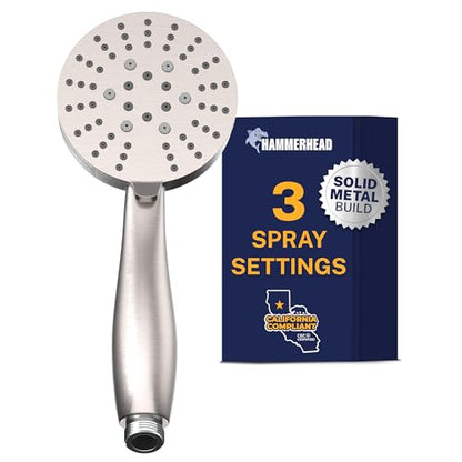 HammerHead Showers® Solid METAL 3-Spray Hand Held Shower Head, Brushed Nickel | Select from Wide, Massage, and Mist Sprays | 1.75 GPM Low Flow Handheld Showerhead | Made from 304 Stainless Steel - color: Brushed Nickel, size: 1.75 GPM