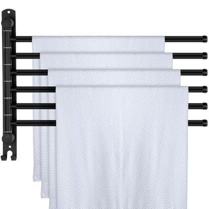 Teenyyou Swivel Towel Rack 16.5 Inches 304 Stainless Steel 6 Arms Bathroom Towel Rack Hanger Space Saving Pool Holder Wall Mounted Swivel Bar with Hook, Matte Black - color: Black, size: 16.5 Inches, style: 6 Arms