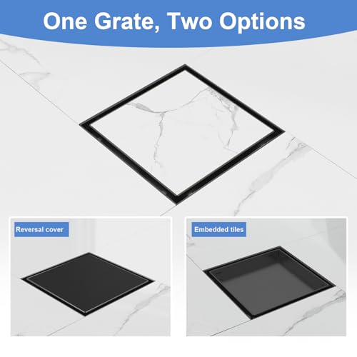 6 Inch Square Shower Drain-Matte Black, with Tile Insert Grate | AISI 304 Stainless Steel Shower Drain, Shower Floor Drain with Hair Catcher, Fits Bathroom, Balcony - color: Matte Black, size: 6 Inch