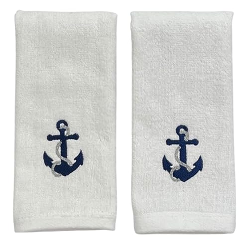 Nautical White Bathroom Fingertip Towels, Navy Anchor, Set of 2, 12x18 | 100% Cotton, Embroidered Coastal Boat Anchor, Perfect for Ocean Beach Lake Seaside Bath or Kitchen Décor - color: Anchor