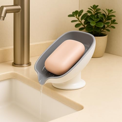 Leaf Shape Soap Saver with 3M Adhesive, Self Draining Dish for Bathroom and Kitchen, Wall Mounted Holder Keeps Bar Clean and Dry, Extends Life of Soap Bars, No Drilling Required Grey