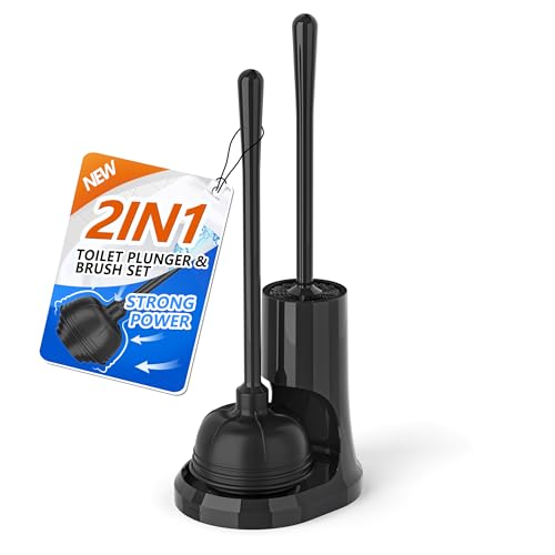 Toilet Plunger and Brush, Bowl Brush and Heavy Duty Toilet Plunger Set with Holder, 2-in-1 Bathroom Cleaning Combo with Modern Caddy Stand for for 5.7-inch Toilet Drain Bathroom Cleaning - color: Black