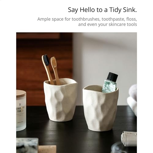 Handmade Undulating Beige Ceramic Toothbrush Holder, Earthy Text | Organic Wave Shape, Speckled Pottery Feel, Matte Textured Surface, Minimal Natural Decor, Bathroom Vanity And Desk Organizer