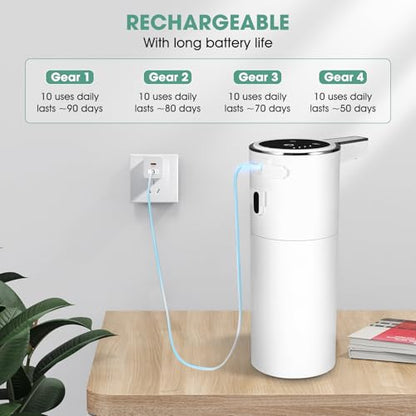 4 Pack Touchless Automatic Liquid Soap Dispenser, 13.5oz Smart Sensor Hand Wash Dispenser, USB Rechargeable & Adjustable for Bathroom Kitchen Sink, White