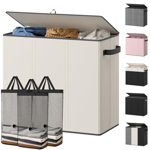 Optish 180L Laundry Hamper 3 Section, Large Laundry Hamper with Lid, Dirty Clothes Hampers with 3 Inner Bags, Laundry Basket Organizer for Laundry, Bedroom, Bathroom, Hamper 3 Compartment, White - color: White