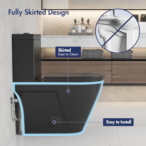 One Piece Toilet Elongated Dual Flush, 17.3" ADA Seat, Matte Black | ADA Compliant 17.3" chair height with soft close seat, Dual flush 1.1/1.6 GPF Elongated toilet bowl 12" rough-in, Matte Black - color: Matte Black 365Model