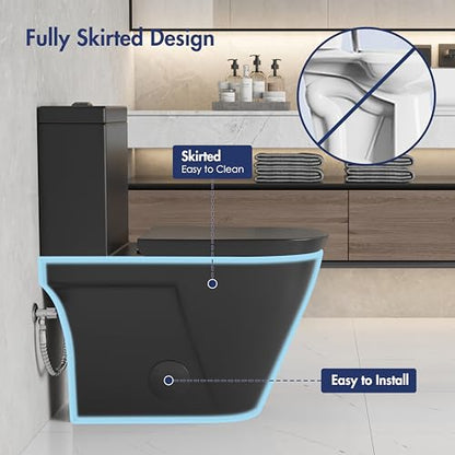 One Piece Toilet Elongated Dual Flush, 17.3" ADA Seat, Matte Black | ADA Compliant 17.3" chair height with soft close seat, Dual flush 1.1/1.6 GPF Elongated toilet bowl 12" rough-in, Matte Black - color: Matte Black 365Model