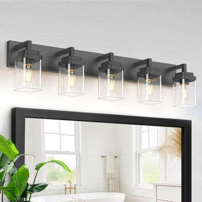 Matte Black Bathroom Light Fixtures, Modern Vanity Lights with Clear Glass Lamp Shade, Bathroom Lighting Fixtures Over Mirror, Restroom Vanity Lighting Fixture, 5-Light 36 Inch - color: Blakc, size: 5-Light