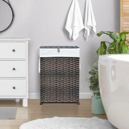 70L Slim Laundry Hamper with Lid & Wheels, Rolling Laundry Basket with 2 Removable Liner Bags & 3 Mesh Bags, Narrow Dirty Clothes Basket, Foldable Handwoven Rattan Laundry Sorter, Brown - color: Brown