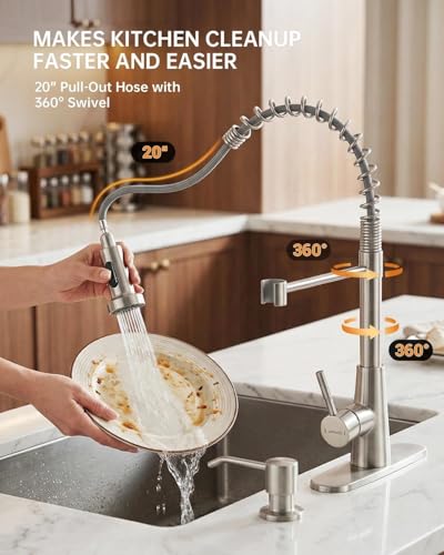 APPASO Kitchen Faucet with Soap Dispenser Pull Down Sprayer Brushed Nickel | NSF/ANSI/CAN 372 & Lead-free, SUS304 Stainless Steel 3 Modes Faucet for Farmhouse, Bar & RV - color: Brushed