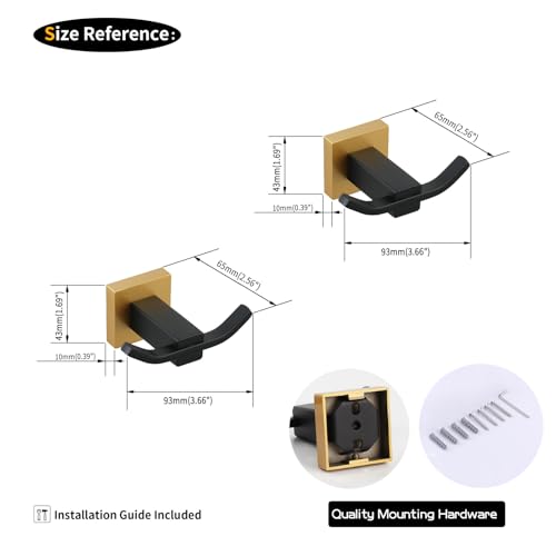 GERZWY Bathroom Double Coat Hook 2 Pack Stainless Steel Towel Hook Wall Mounted Clothes Hook for Bath Kitchen Black & Gold