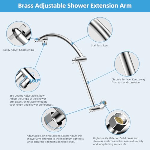 Hibbent All Metal 20'' Shower Head Extension Arm, Chrome | Solid Brass Adjustable Shower Arm with Lock Joint, Flexible Height & Angle, Universal Connection Shower Head Extender - color: Chrome, size: 20 Inch