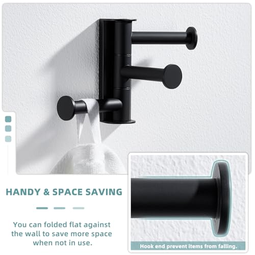 Suyar Bathroom Towel Hook Matte Black, Swivel Robe Holder 3 Arms, Wall Hook | SUS304 Stainless Steel, Screw Mount - color: Matte Black, size: 1 Pack