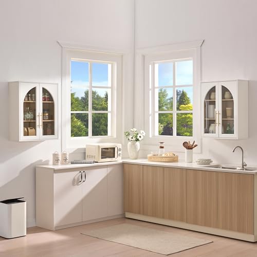 Bathroom Wall Cabinet, 23.5×31.4'' Storage Cabinet, Arched Cabinet Wall Mount with Adjustable Shelf & Glass Doors, Medicine Cabinet for Laundry Room, Bathroom, Kitchen, Living,White/Natural Oak,1PC - color: White/Natural Oak